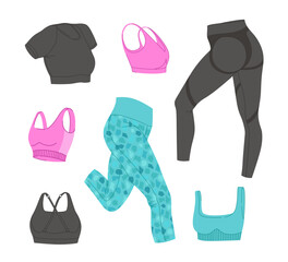 Female fitness clothing vector set. Woman's sports clothes flat design. Isolated illustrations on a white background. Ideal for design sports content, stickers and print.