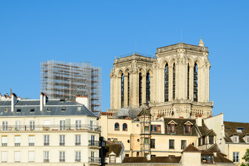 The towers of Notre-Dame de Paris Cathedral , Europe, France, Ile de France, Paris, in summer on a sunny day.