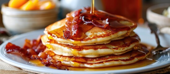 Breakfast with pancakes, bacon, and syrup. - obrazy, fototapety, plakaty