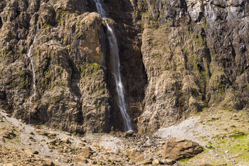 The Cirque de Gavarnie waterfalls , Europe, France, Occitanie, Hautes-Pyrenees, in summer on a...