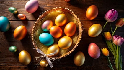 easter eggs in and out of the egg basket on a wooden background