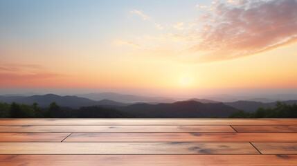 Fototapeta na wymiar Wood table mockup with sunrise majestic sky background