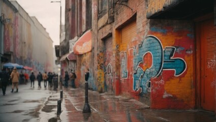 a graffiti covered wall with a large sign