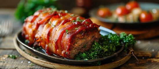 Bacon-wrapped meatloaf on a plate - obrazy, fototapety, plakaty