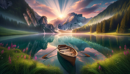 Serene mountain lake at dawn with rowboat and misty forest - obrazy, fototapety, plakaty