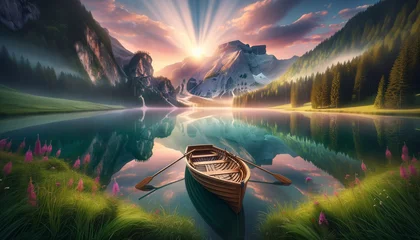 Fotobehang Serene mountain lake at dawn with rowboat and misty forest © TechArtTrends