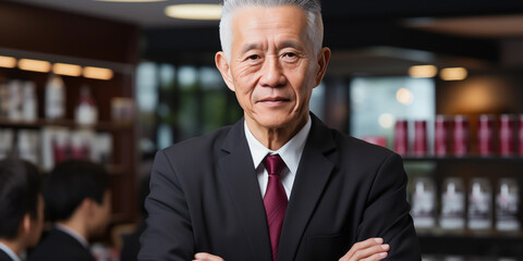 Chinesischer älterer Business Mann mit Anzug und verschrenkten Armen schaut freundlich in die Kamera, Querformat, ai generativ