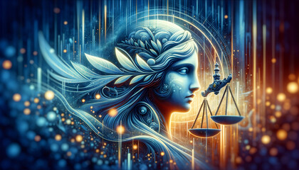 Artificial intelligence and law fusion in a serene, vintage-inspired composition.