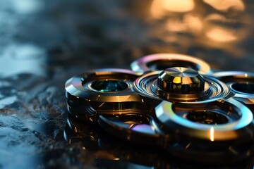 : Rapidly rotating fidget spinner, frozen in time, with each metallic arm creating a mesmerizing pattern of light and shadow.
