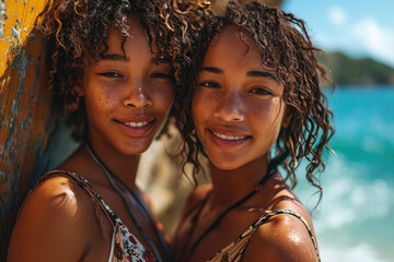 Young black Female twins taking a break from surfing to take a selfie on the beach while leaning against a wall. - obrazy, fototapety, plakaty