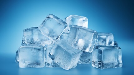 Ice cubes on a blue background. Frozen water crystals.