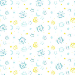 Pattern with moons, stars and sun. Seamless vector print for kids