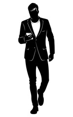 Silhouette of Walking Man with Cellphone. Vector clipart isolated on white.