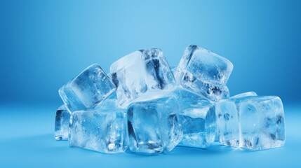 Ice cubes on a blue background. Frozen water crystals.