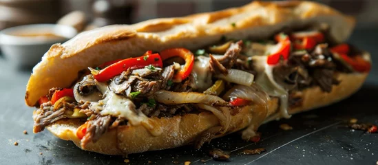  Close-up of a Philly cheese steak sandwich on a black table, loaded with roasted beef, peppers, onions, mushrooms, and melted cheese. © AkuAku