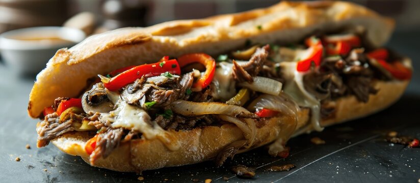 Close-up of a Philly cheese steak sandwich on a black table, loaded with roasted beef, peppers, onions, mushrooms, and melted cheese.