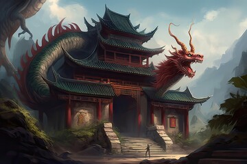 gital painting fantasy painting chinese temple giant dragon gital illustration, illustration painting - obrazy, fototapety, plakaty