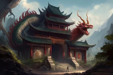 Foto op Canvas gital painting fantasy painting chinese temple giant dragon gital illustration, illustration painting © akkash jpg