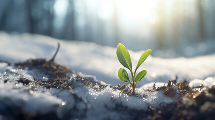 Young green sprout emerging from snowy frozen ground - obrazy, fototapety, plakaty