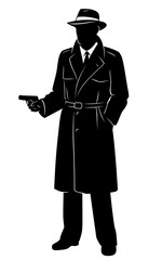 Silhouette of Detective, Spy, Secret Agent with Gun. Vector clipart isolated on white.