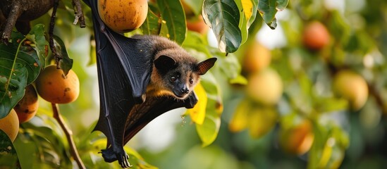 A bat hides under a mango tree during the day, using its wings to protect itself from enemies. It consumes fruits and insects at night. - obrazy, fototapety, plakaty