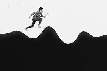Creative collage image illustration monochrome effect excited crazy scream young man hurry fast run...