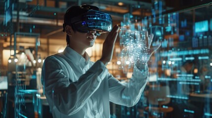Computer science engineer wearing VR glasses working with 3D model hologram visualization.