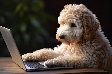 golden doodle puppy dog using laptop pup has it paws laptop keyboard looking screen this image pet dog looking computer