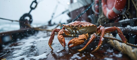 A fisherman has a big red king crab, standing on a fishing schooner's deck in the chilly Barents Sea.