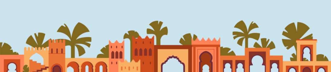 Moroccan architecture banner. Morocco building border, long oriental Arab background. Maroc, Marrakech, Medina houses, traditional Eastern arches decor on horizontal backdrop. Flat vector illustration - obrazy, fototapety, plakaty