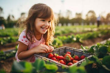 Little girl picking strawberry on a farm field - Powered by Adobe