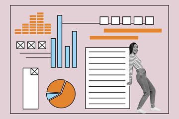 Collage poster illustration black white filter excited enjoy happy lady hold data analysis charts...