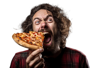 Savory Pizza Being Eaten by a Guy isolated on transparent Background
