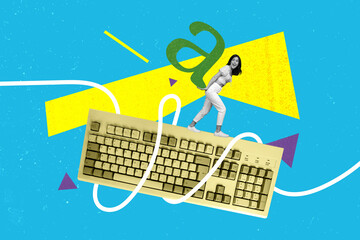 Colorful template poster collage of small girl carry a letter working writing web blog article