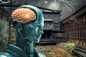 Roboter mit menschlichem Gehirn in alter, unheimlicher Industrieanlage.