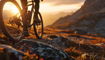 Sportive riding bike in the Beautiful Mountains on the Background - obrazy, fototapety, plakaty