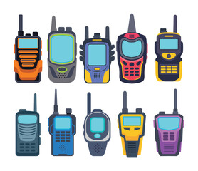 Various Walkie talkie icons set, Cartoon set of walkie talkie, Electronic speak devices for electronic communication, Security Guard, police radio security, Vector illustration of an old mobile phone.