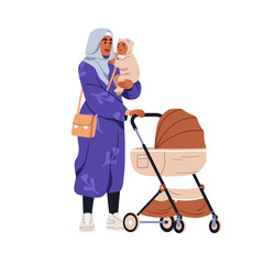 Muslim mother holding baby in arms. Arab mom in hijab with infant in hands, standing with pram, stroller during walk, stroll with kid, child. Flat vector illustration isolated on white background