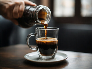 shallow focus photography of person pouring coffee on clear glass mug