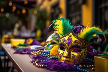 Mardi Gras mystique: Luxe feathered mask, luscious beads, and a street's lively ambiance blend in a captivating celebration snapshot. Generated AI - obrazy, fototapety, plakaty