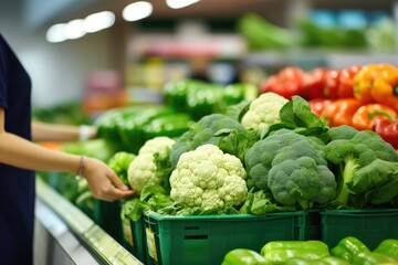 Green market vibes. Picture a woman, a diligent store employee, carefully packing vibrant, organic veggies. The grocery market is a haven for delicious, locally sourced vegetables. Generated AI