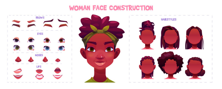 African american woman face construction kit. Cartoon vector facial generator set with parts for creation young female avatars with different nose and eyes, brows and hairstyles. Girl head elements.