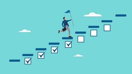 business progress step towards business targets with a strategy plan concept. journey job target action career illustration. businessman running up the stairs of achievement while carrying a flag - obrazy, fototapety, plakaty