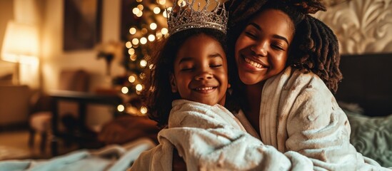 Family bonding at home after a spa day, mother and daughter in bathrobes and crowns, hugging on the couch, smiling. - obrazy, fototapety, plakaty