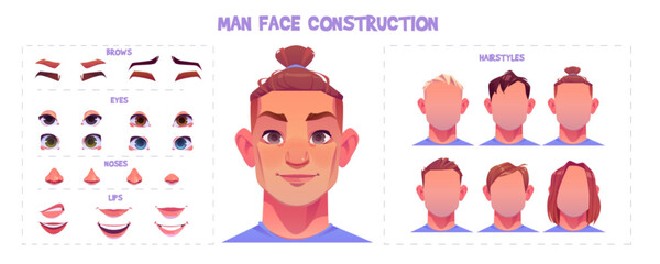 Young man face construction kit with cartoon facial parts and emotions generator. Set for creation male avatars with different nose and eyes, brows and hairstyles. Vector of guy head elements. - obrazy, fototapety, plakaty
