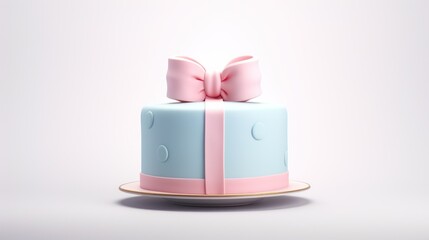  a blue and pink cake with a pink bow on top of it and a plate with a pink bow on top of it.
