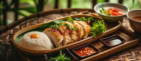 Famous Singaporean food - Hainanese Chicken rice, served on a bamboo tray.