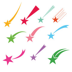 Icons of meteorites and comets. Falling stars vector set. Shooting stars isolated from background - obrazy, fototapety, plakaty
