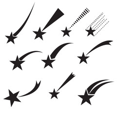 Shooting stars icons. Comet tail or star trail vector set isolated on white background. Stardust falling simple meteorites