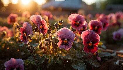purple and yellow. Pansy flower growing in the sunset. Pansy flower in sunrise. Pansy flower during winter. Colourful poppy flower sprouting during winter time. Pink pansy flower. viola flower. nature - obrazy, fototapety, plakaty
